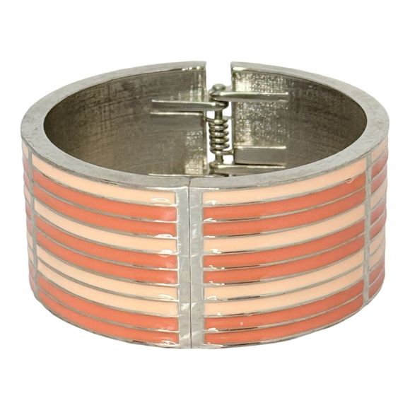 Pink Striped Wide Clamper Bracelet 7"  Silver Tone Bangle - Picture 1 of 10